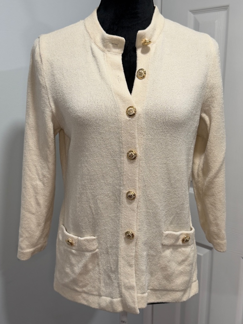 St. John Cream Knit Cardigan with Gold Buttons - Picture 2 of 13